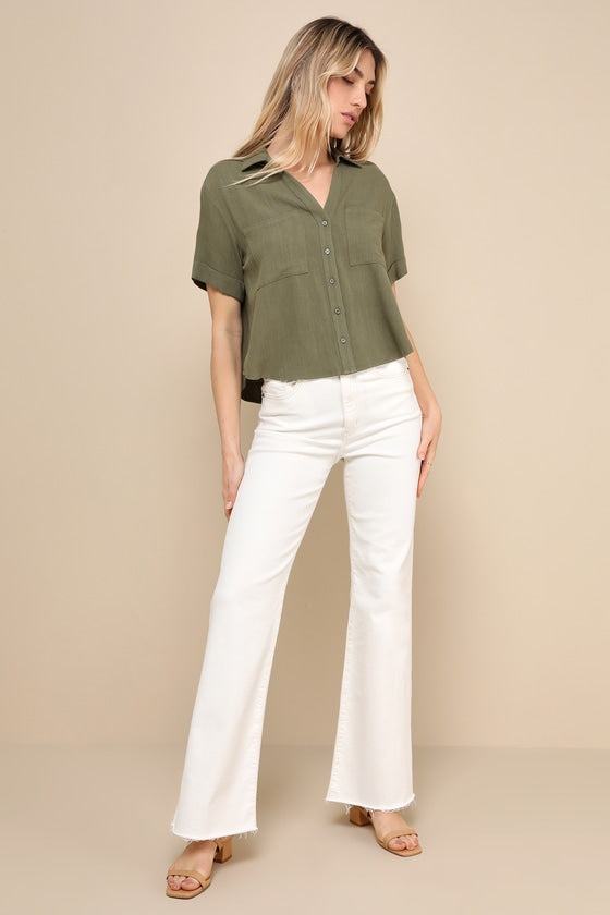 Summer Escapades Olive Green Linen Collared Button-Up Top