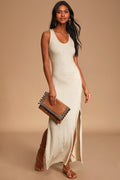 Relaxed but Not Least Beige Ribbed Sleeveless Maxi Dress
