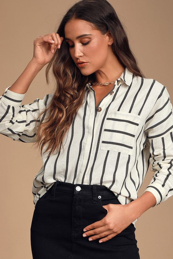 Amelia Dawn Off-White Striped Long Sleeve Button-Up Top