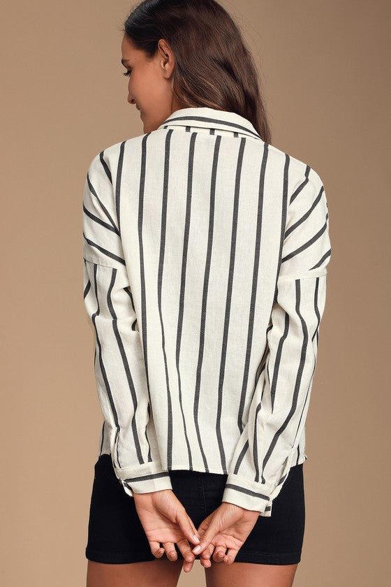 Amelia Dawn Off-White Striped Long Sleeve Button-Up Top