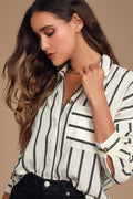 Amelia Dawn Off-White Striped Long Sleeve Button-Up Top