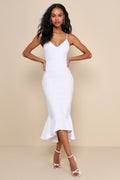 Stun Like Me White Bodycon Trumpet Hem Midi Dress