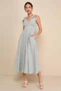 Sweetest Posture Navy and Cream Gingham Midi Dress With Pockets