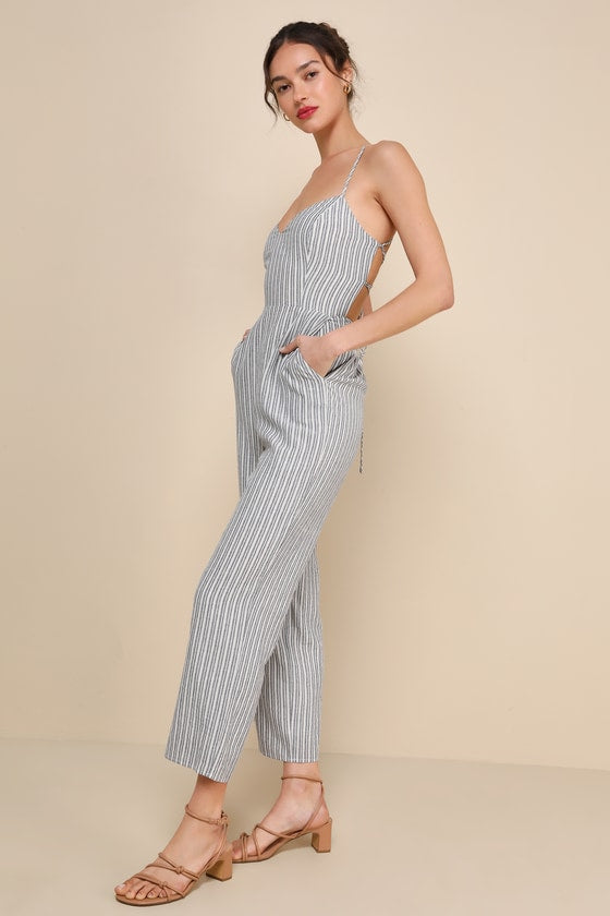 Charming Vacay Ivory and Blue Striped Lace-Up Jumpsuit