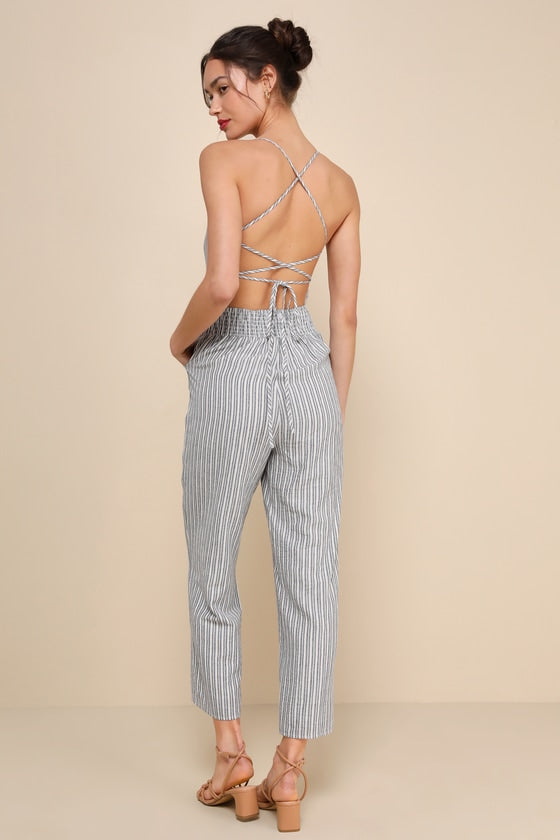 Charming Vacay Ivory and Blue Striped Lace-Up Jumpsuit