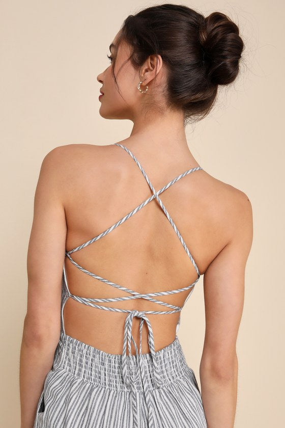 Charming Vacay Ivory and Blue Striped Lace-Up Jumpsuit