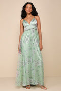 Delightful Invitation Green Floral Tulle Sleeveless Maxi Dress