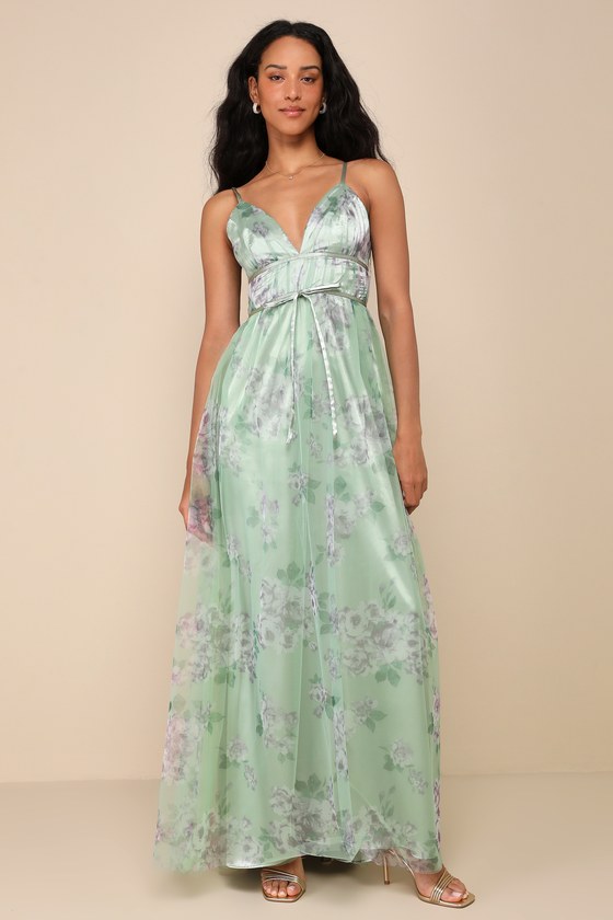 Delightful Invitation Green Floral Tulle Sleeveless Maxi Dress