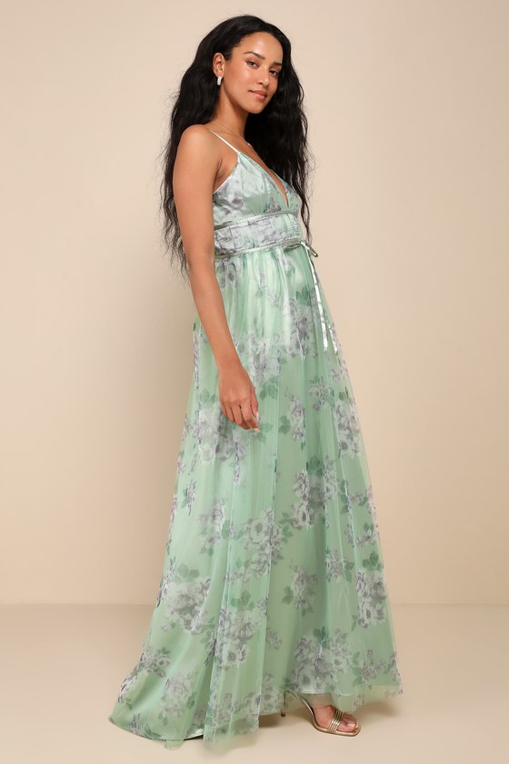 Delightful Invitation Green Floral Tulle Sleeveless Maxi Dress
