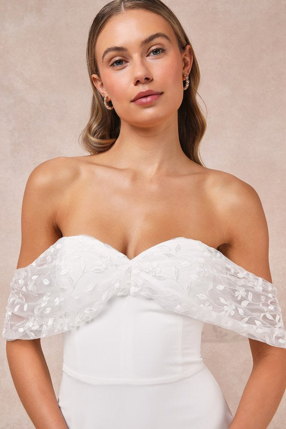 Beloved Beginning White Embroidered Off-the-Shoulder Maxi Dress