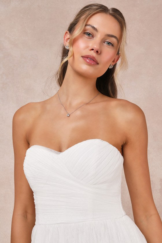 Blissful Forever White Tulle Lace Strapless Pleated Maxi Dress