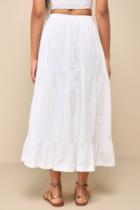 Daytime Perfection White Cotton Tiered Midi Skirt