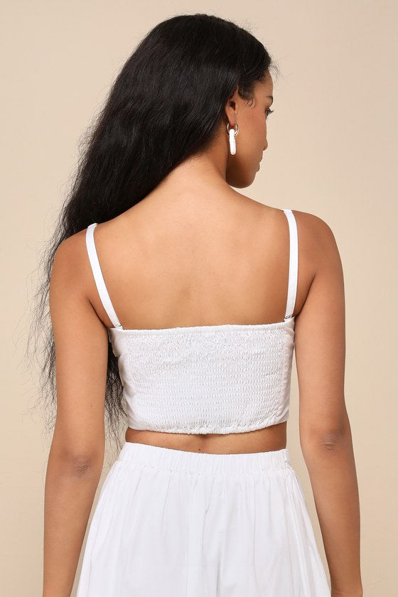 Daytime Perfection White Cotton Pleated Cropped Sleeveless Top