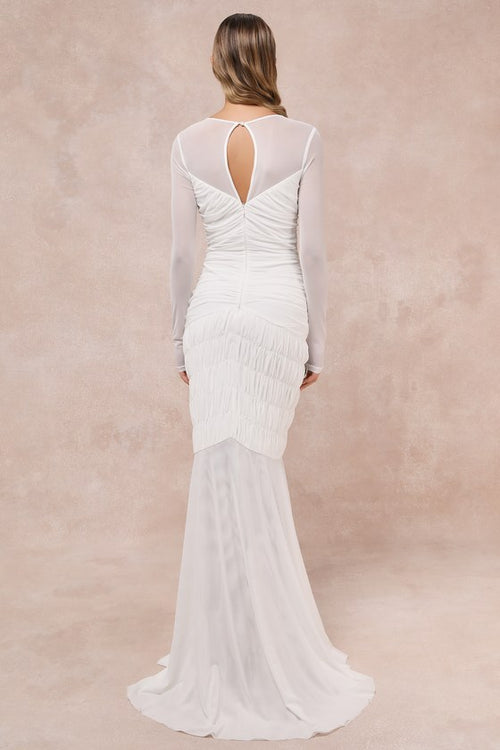 Romantic Heights White Mesh Ruched Long Sleeve Maxi Dress