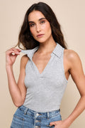 Fashionable Presence Heather Grey Ribbed Collared Tank Top