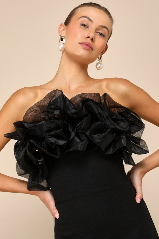 Evening Excellence Black Ruffled Strapless Mermaid Maxi Dress
