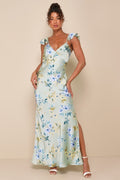 Captivating Grace Sage Green Floral Satin Ruffled Maxi Dress
