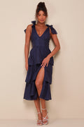 Blissful Direction Navy Tie-Strap Clip Dot Bustier Midi Dress