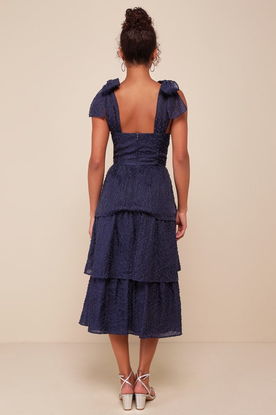 Blissful Direction Navy Tie-Strap Clip Dot Bustier Midi Dress