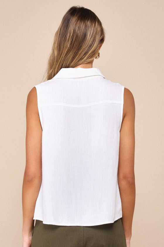 Casual Contentment Ivory Linen Button-Up Collared Tank Top