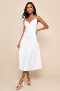 Serene Charm White Textured Embroidered Drop Waist Midi Dress