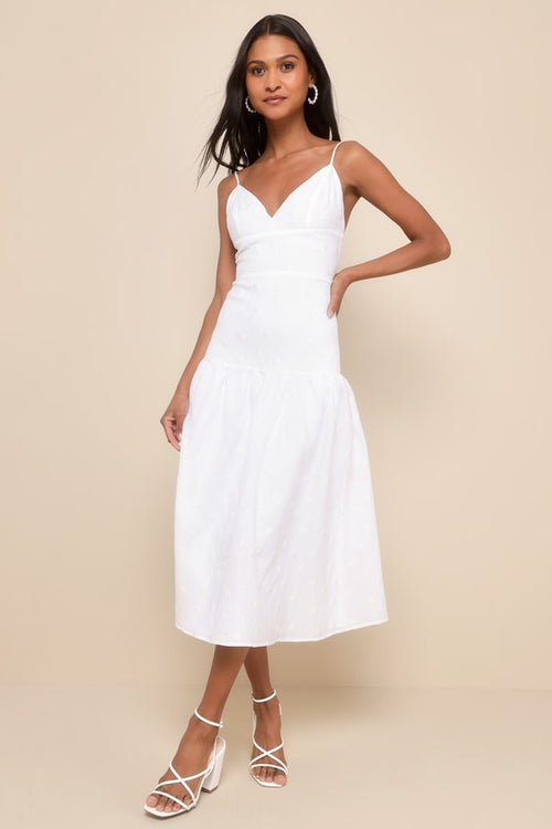 Serene Charm White Textured Embroidered Drop Waist Midi Dress