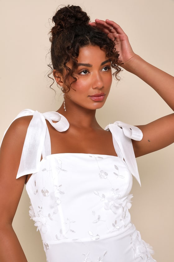 Divinely Adored White Embroidered Floral Tie-Strap Midi Dress