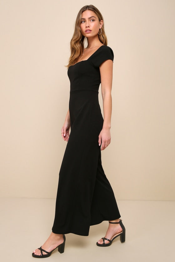 Essential Invitee Black Cap Sleeve Wide-Leg Jumpsuit