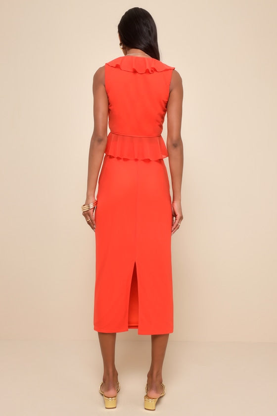 Flirtatious Match Bright Red Mesh Tie-Front Two-Piece Midi Dress