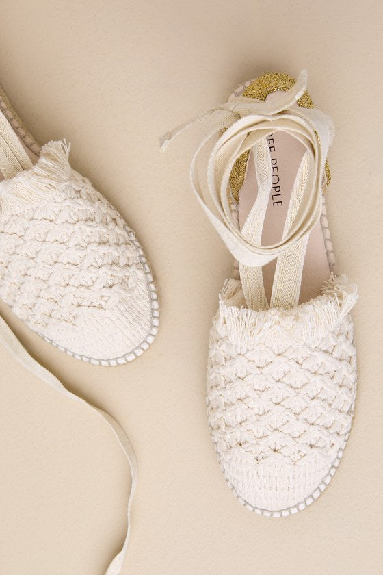 Vida Ivory Woven Lurex Lace-Up Flatform Espadrilles