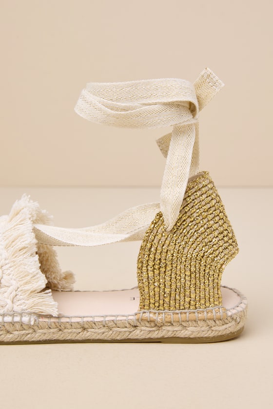 Vida Ivory Woven Lurex Lace-Up Flatform Espadrilles