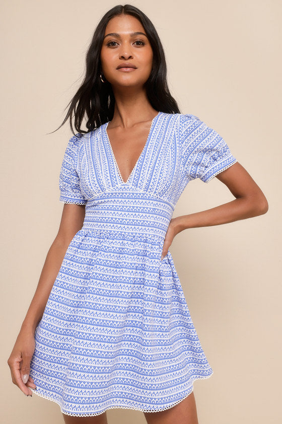 Lovely Chicness Blue and White Lace Puff Sleeve Mini Dress