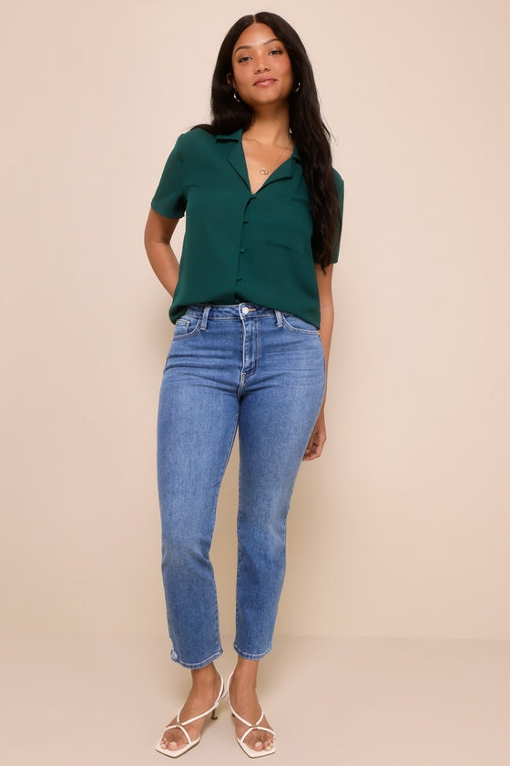 Good Luck Charm Dark Green Short Sleeve Button-Up Top