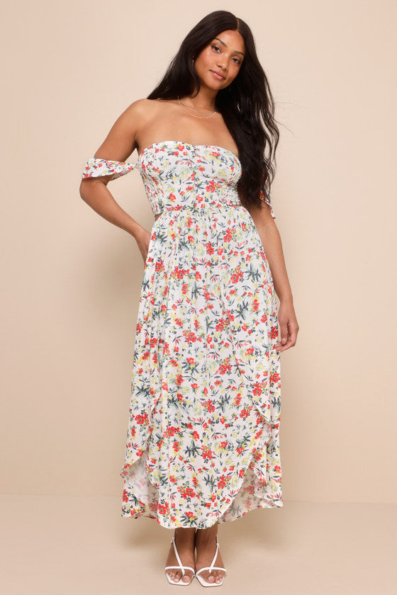 Easy on the Eyes Cream Floral Print Off-the-Shoulder Maxi Dress