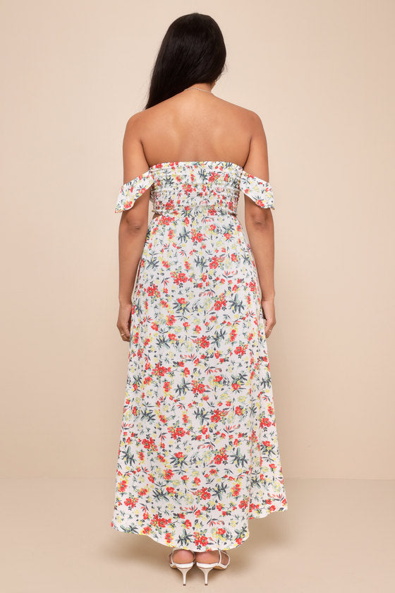 Easy on the Eyes Cream Floral Print Off-the-Shoulder Maxi Dress