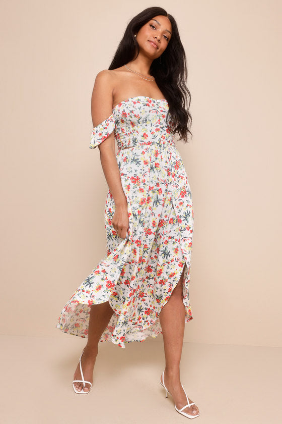 Easy on the Eyes Cream Floral Print Off-the-Shoulder Maxi Dress