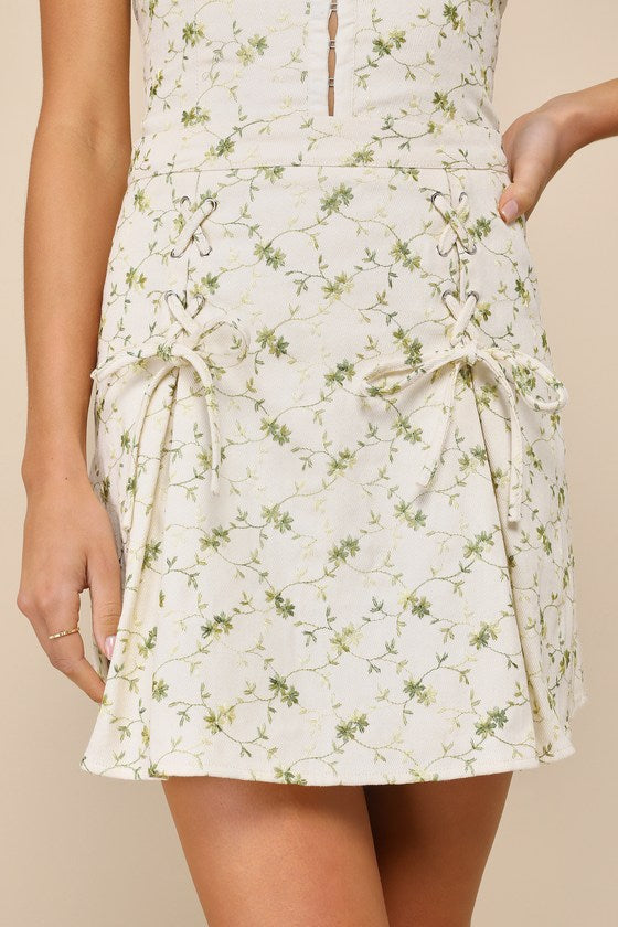 Delightful Flirt Ivory Twill Floral Embroidered Mini Skirt