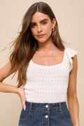 Carefree Persona Cream Pointelle Knit Flutter Sleeve Top