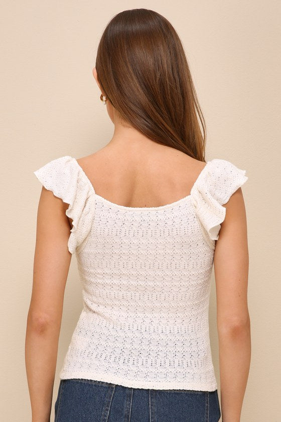 Carefree Persona Cream Pointelle Knit Flutter Sleeve Top