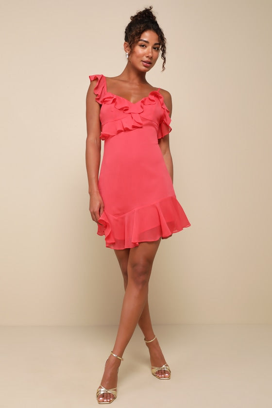 Captivating Always Coral Pink Ruffled Asymmetrical Mini Dress