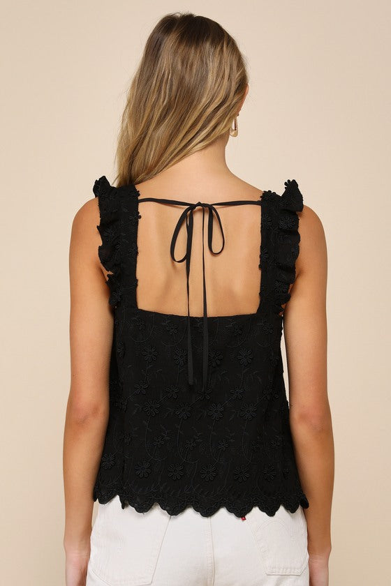 Cutest Weekend Black 3D Floral Embroidered Tie-Back Tank Top