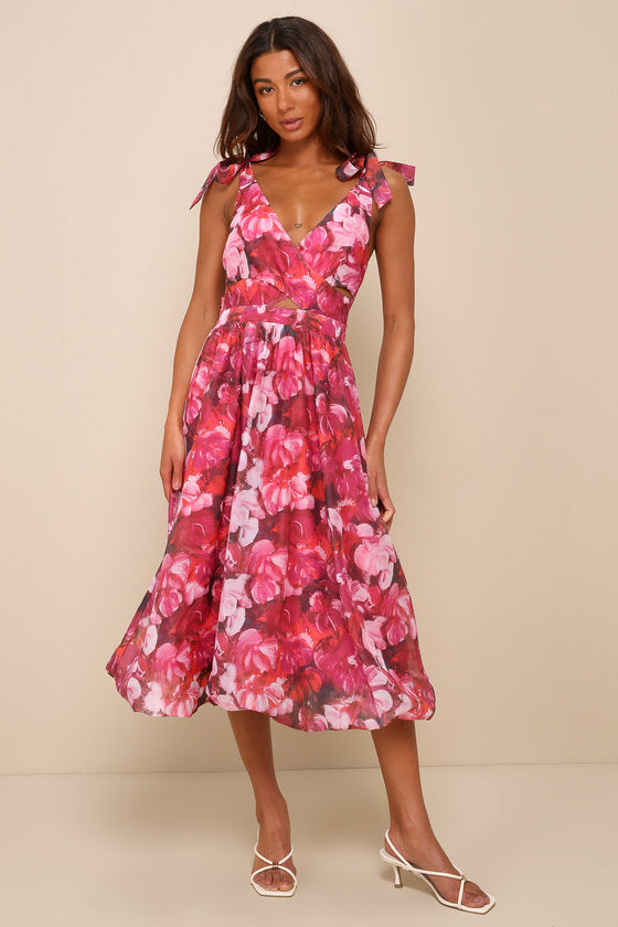 Flowering Day Dream Magenta Floral Organza Midi Bubble Dress