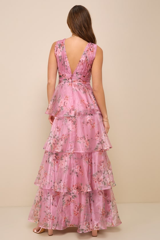 Garden Radiance Pink Floral Print Organza Tiered Maxi Dress