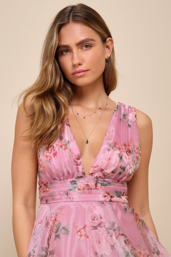 Garden Radiance Pink Floral Print Organza Tiered Maxi Dress