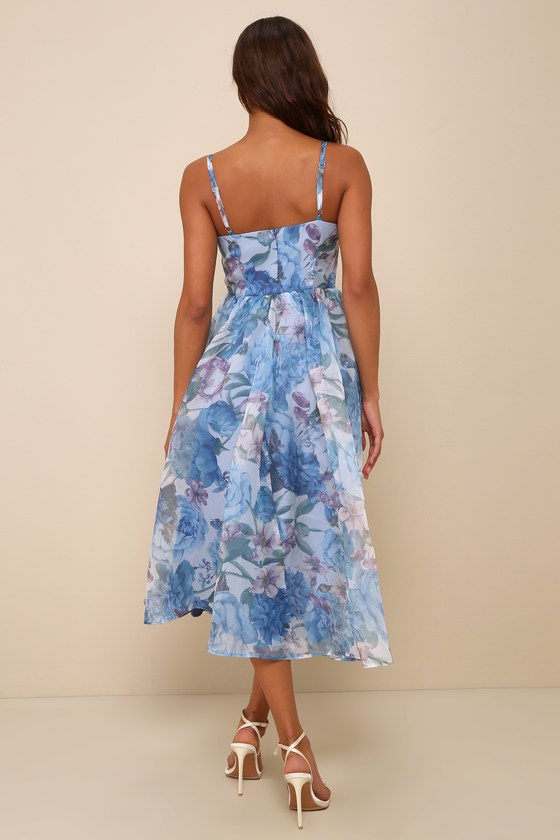 Cherished Aura Blue Multi Floral Organza Bustier Midi Dress