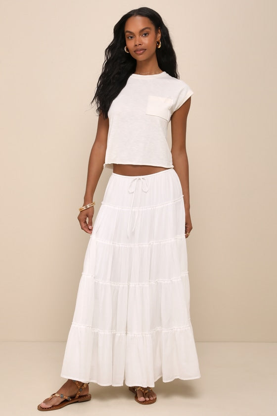 Relaxed Charm White Gauzy Tiered Drawstring Maxi Skirt