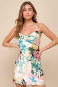 Elevated Effect Green Multi Floral Satin Halter Slip Mini Dress