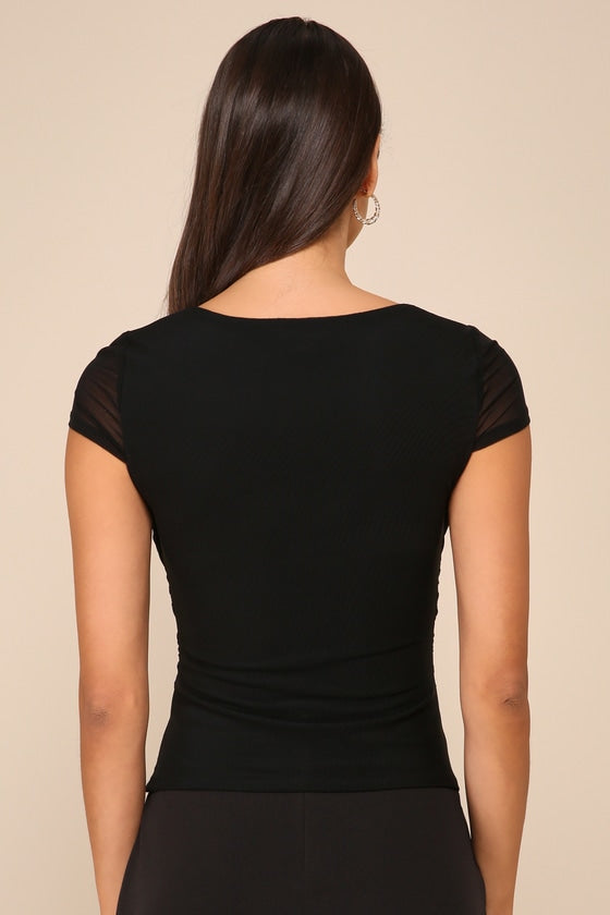 Sheer Confidence Black Mesh Cap Sleeve Top