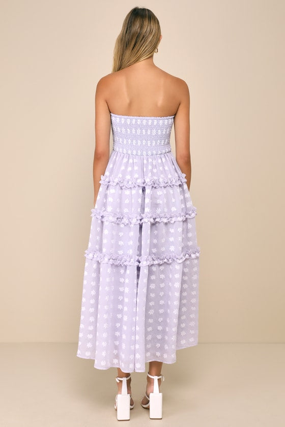 Beautiful Sentiments Lavender Floral Strapless Tiered Midi Dress