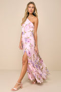 Romantic Marvel Light Pink Floral Print Halter Neck Maxi Dress